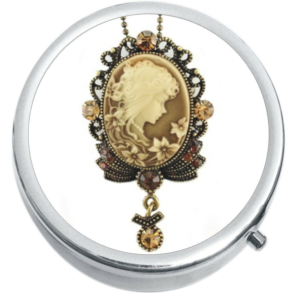 Bronze Cameo Medicine Vitamin Compact Pill Box