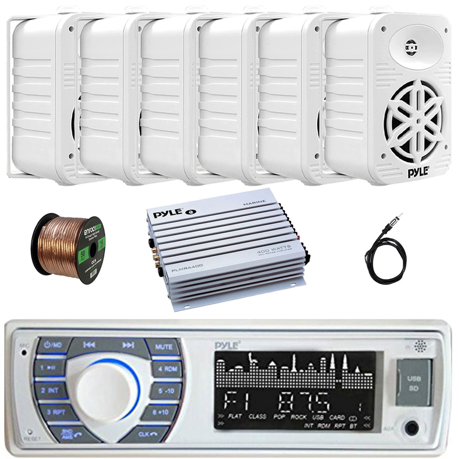 Pyle Single DIN Marine Bluetooth MP3 Receiver, 6x 5.25" 500W Speakers, Amplifier