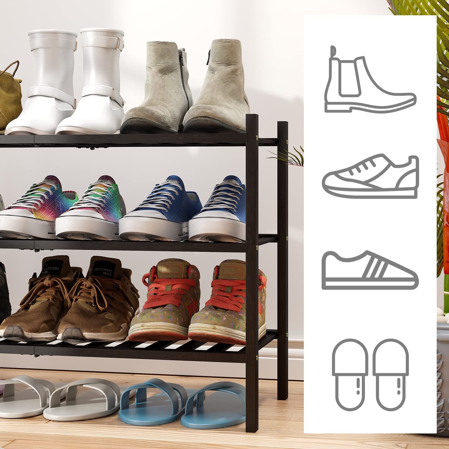 viewcare 3Tier Black Bamboo Shoe Rack Stackable Foldable Entryway