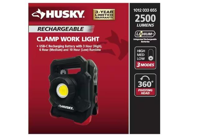2500-Lumens Rechargeable LED Clamp Work Light
