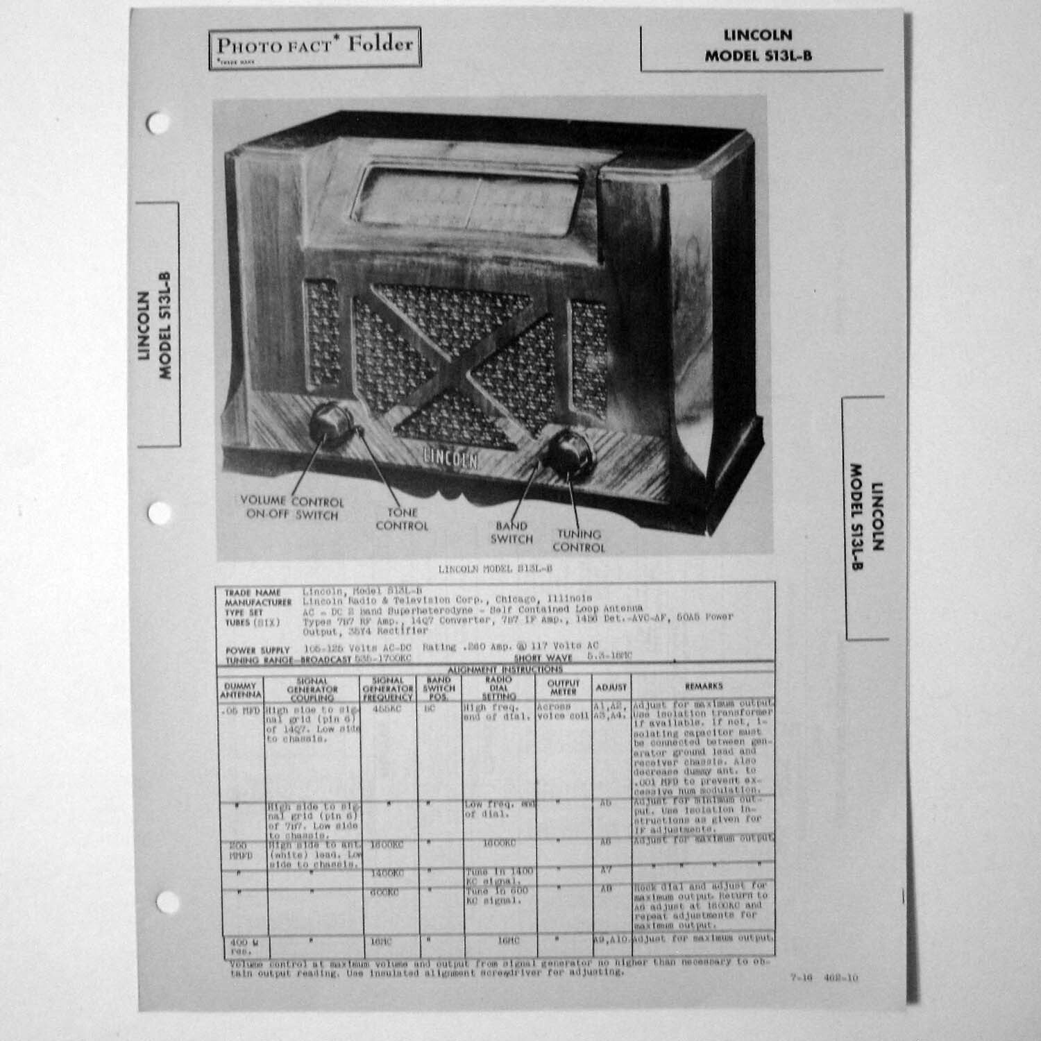 Lincoln Model S13L-B Two Band AM - Shortwave Radio - SAMS Photofact ™ 1946 New