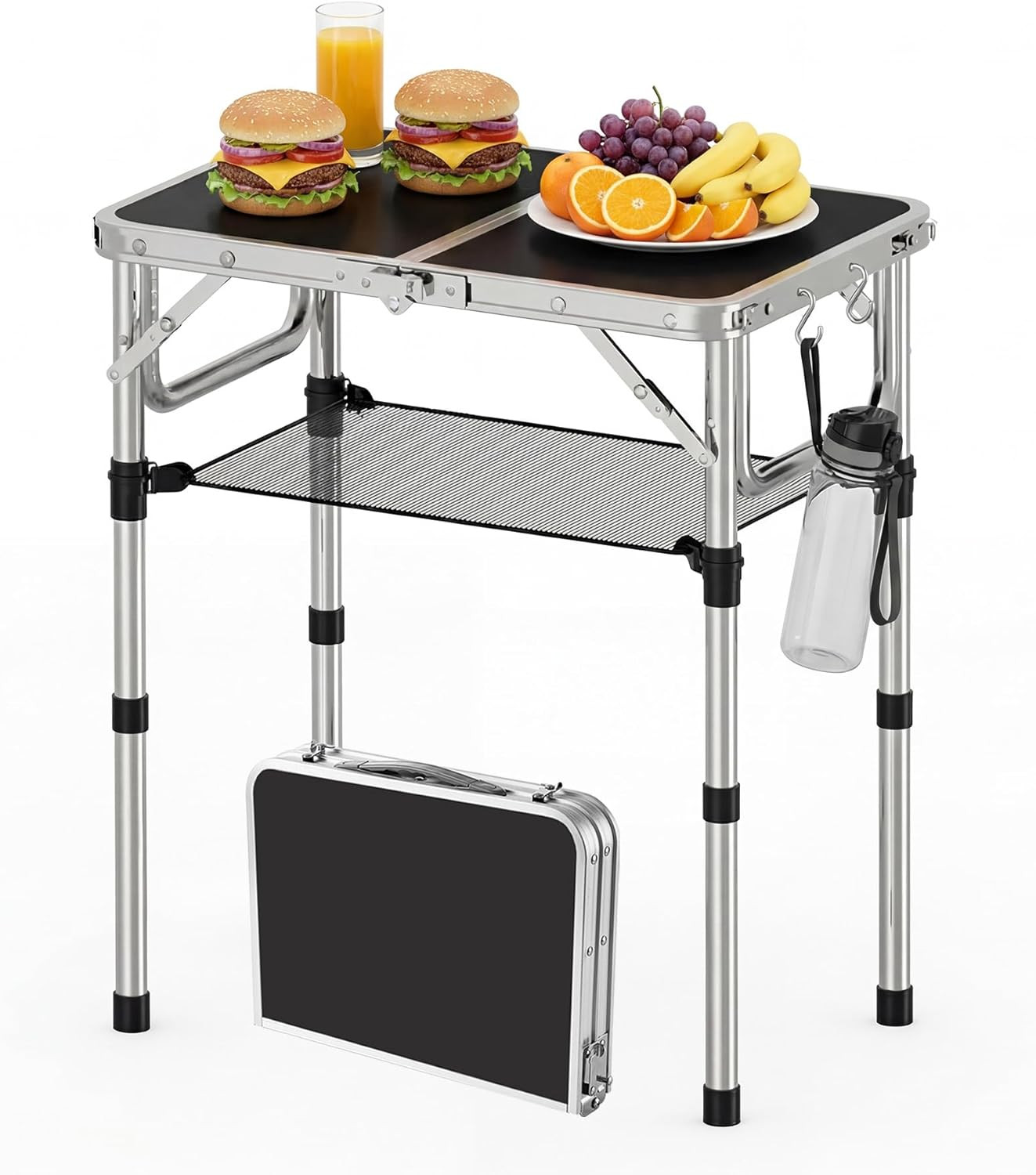 Folding Picnic Table with Storage Net, Black Aluminum Folding Table 23.6" X 15.8