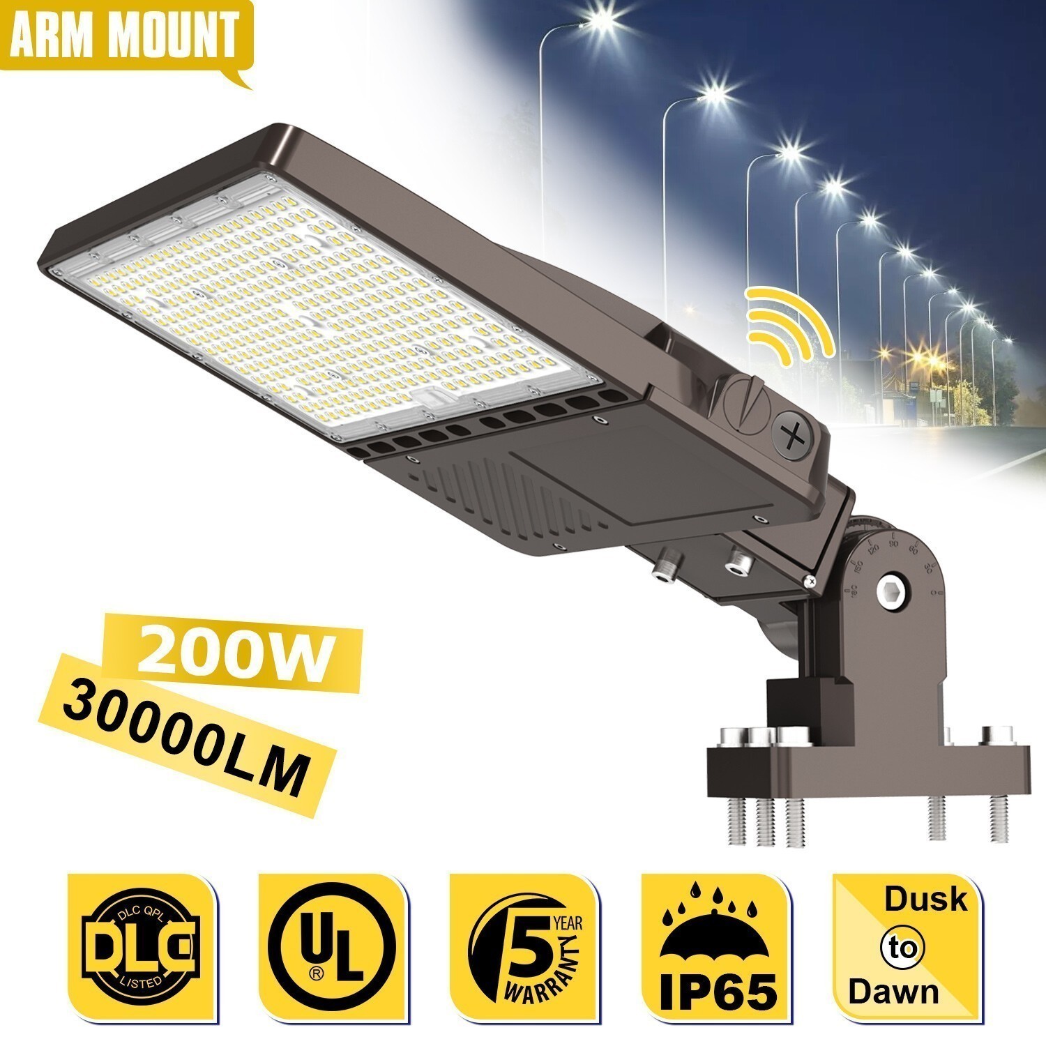 LED Parking Lot Street Light Arm Mount 200W 100-277V Dusk to Dawn Shoebox Lights