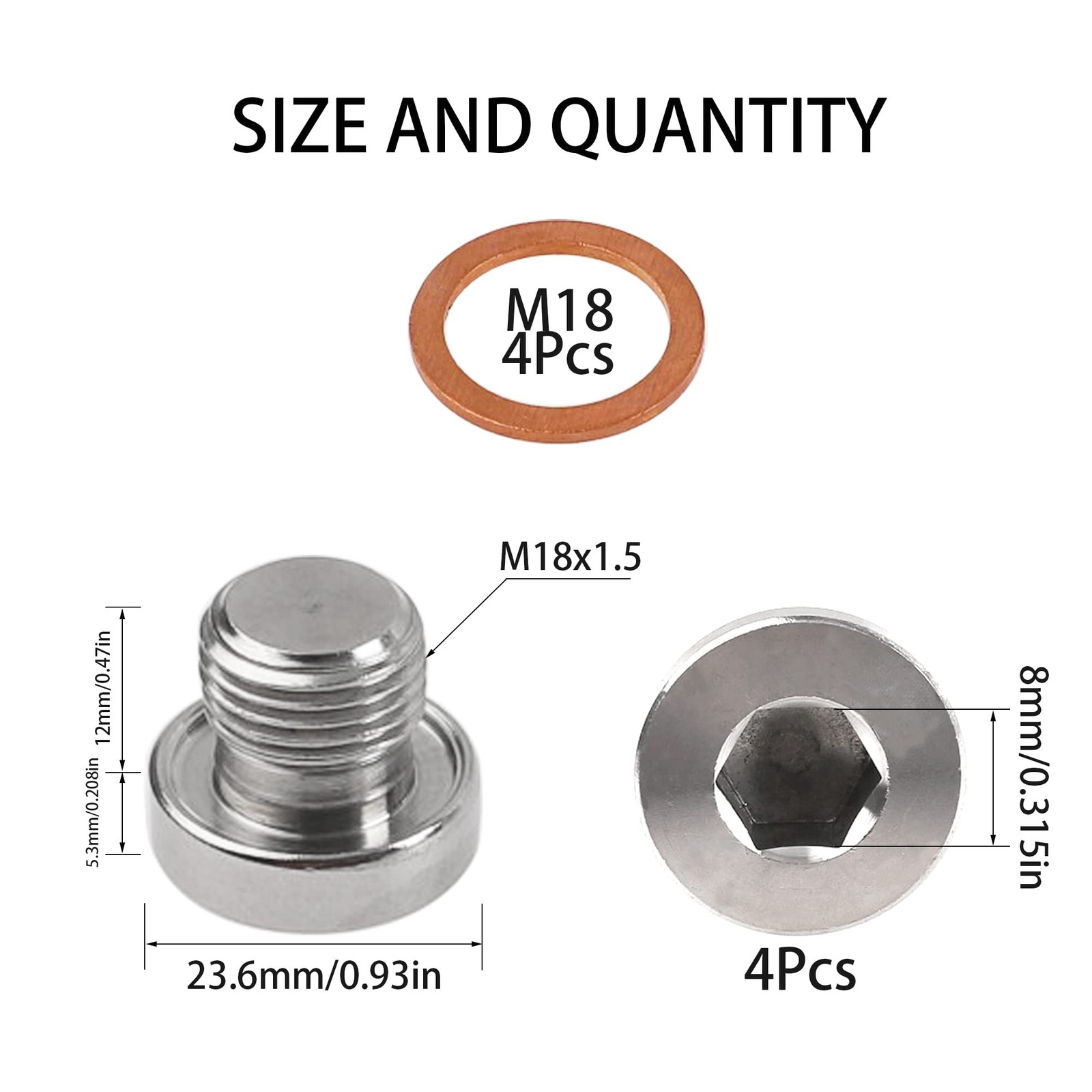 4 Pcs 304 Stainless Steel M18x1.5 Inner Hex Head O2 Oxygen Sensor Plug Bung