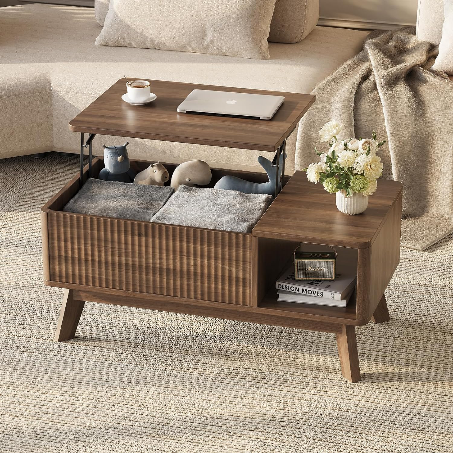 Fluted Coffee Table with Hidden Storage,Modern Wood Coffeetable with Open Shelf,