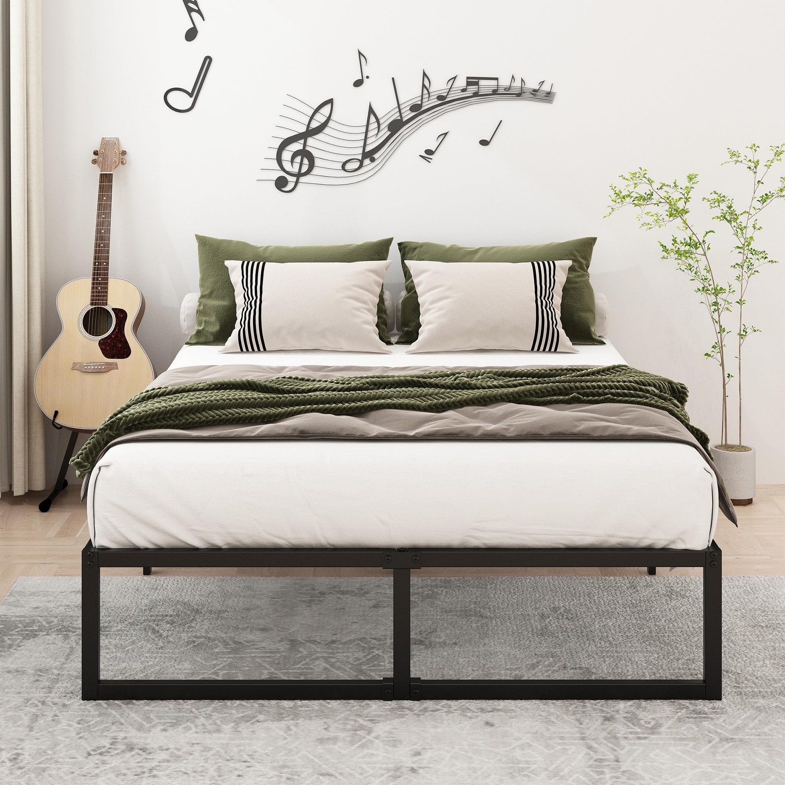 16 Inch Metal Platform Bed Frame, No Box Spring, Heavy Duty, Black