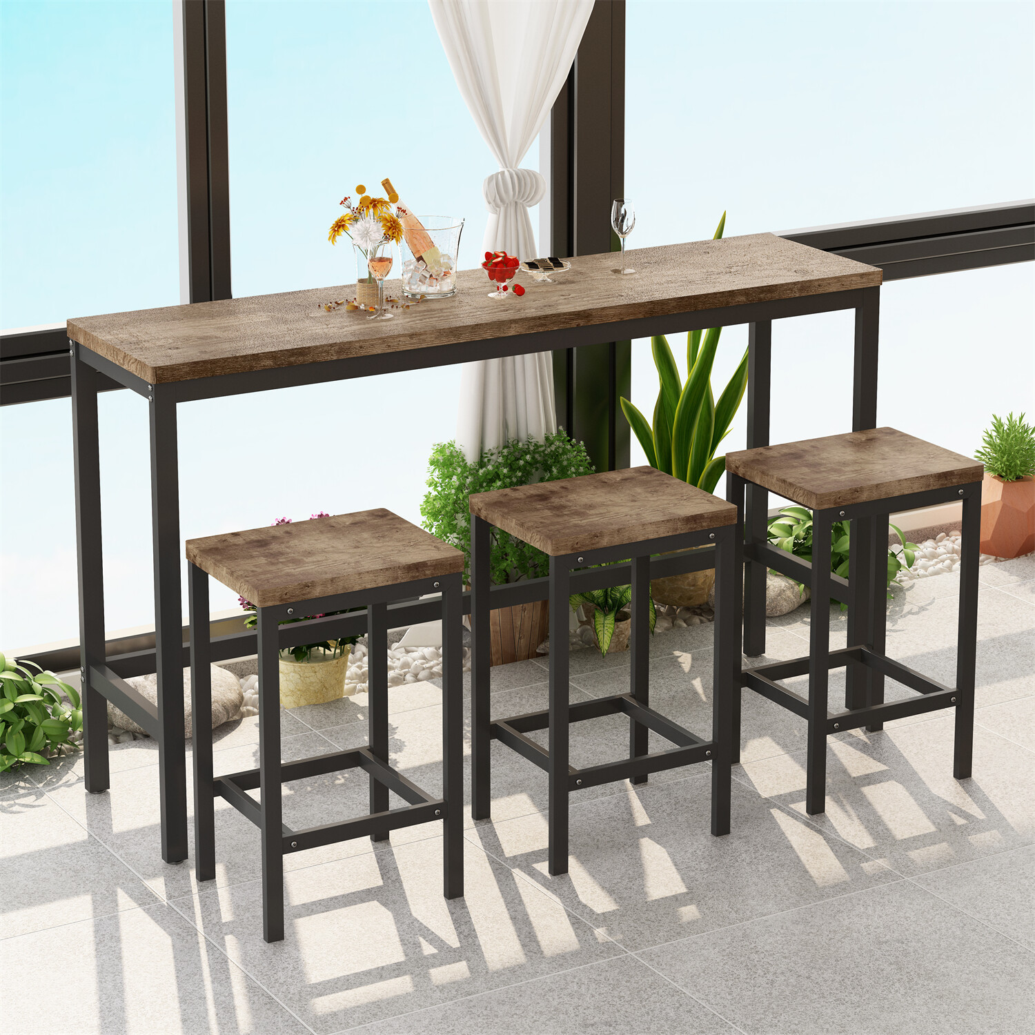 4 Piece Bar Table Set Counter Height Kitchen Pub Table w/ 3 Bar Stools New