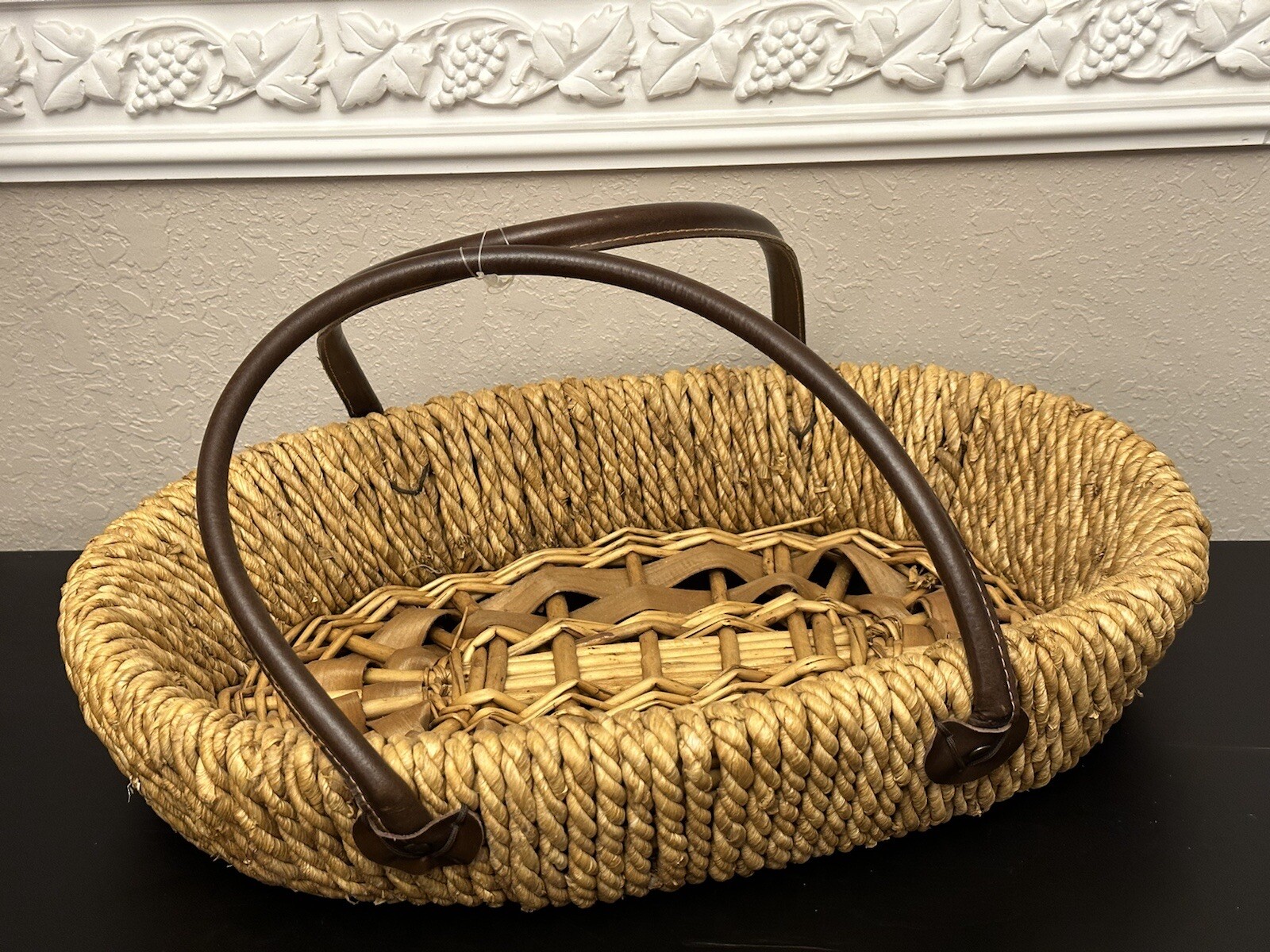 Woven Basket With Leather Handles 18”x12"