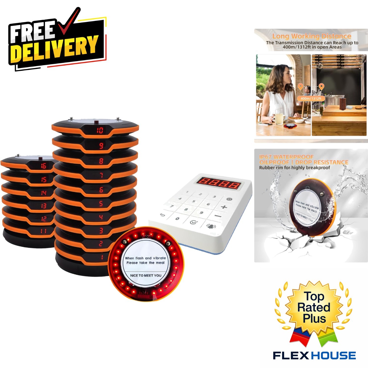 Durable Rechargeable Restaurant Paging System with 16 Buzzers and Charging Bases