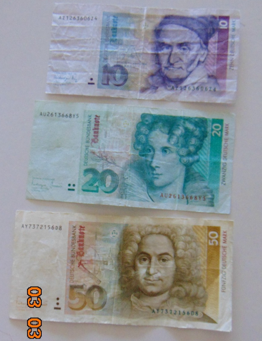 26.03 #42: GERMANY Lot of 3 / 10, 20, 50 D Mark, P-38, 39b, 40c/ 1991-93 Circ