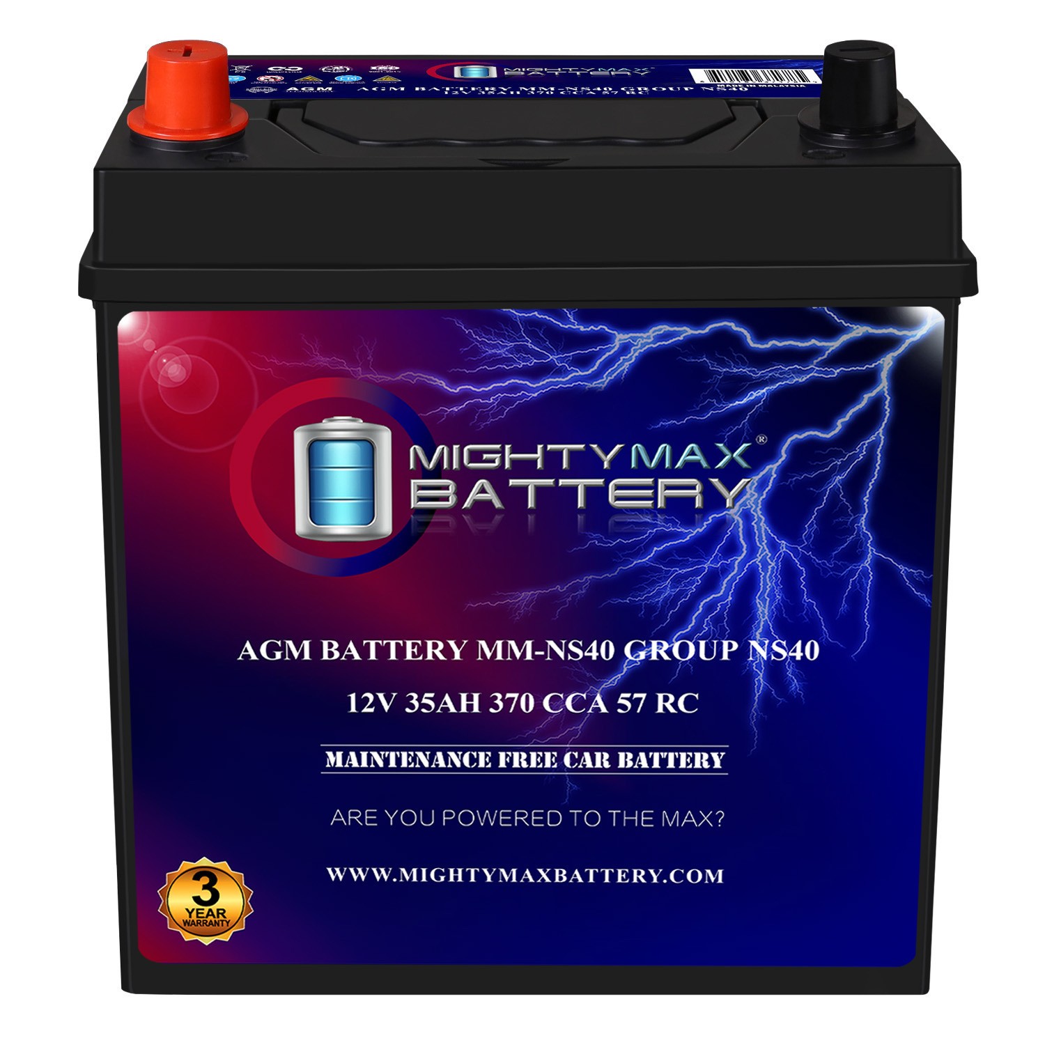 Mighty Max MM-NS40 Group Size NS40 12V 35Ah 57RC 370 CCA Replaces Toyota Prius C