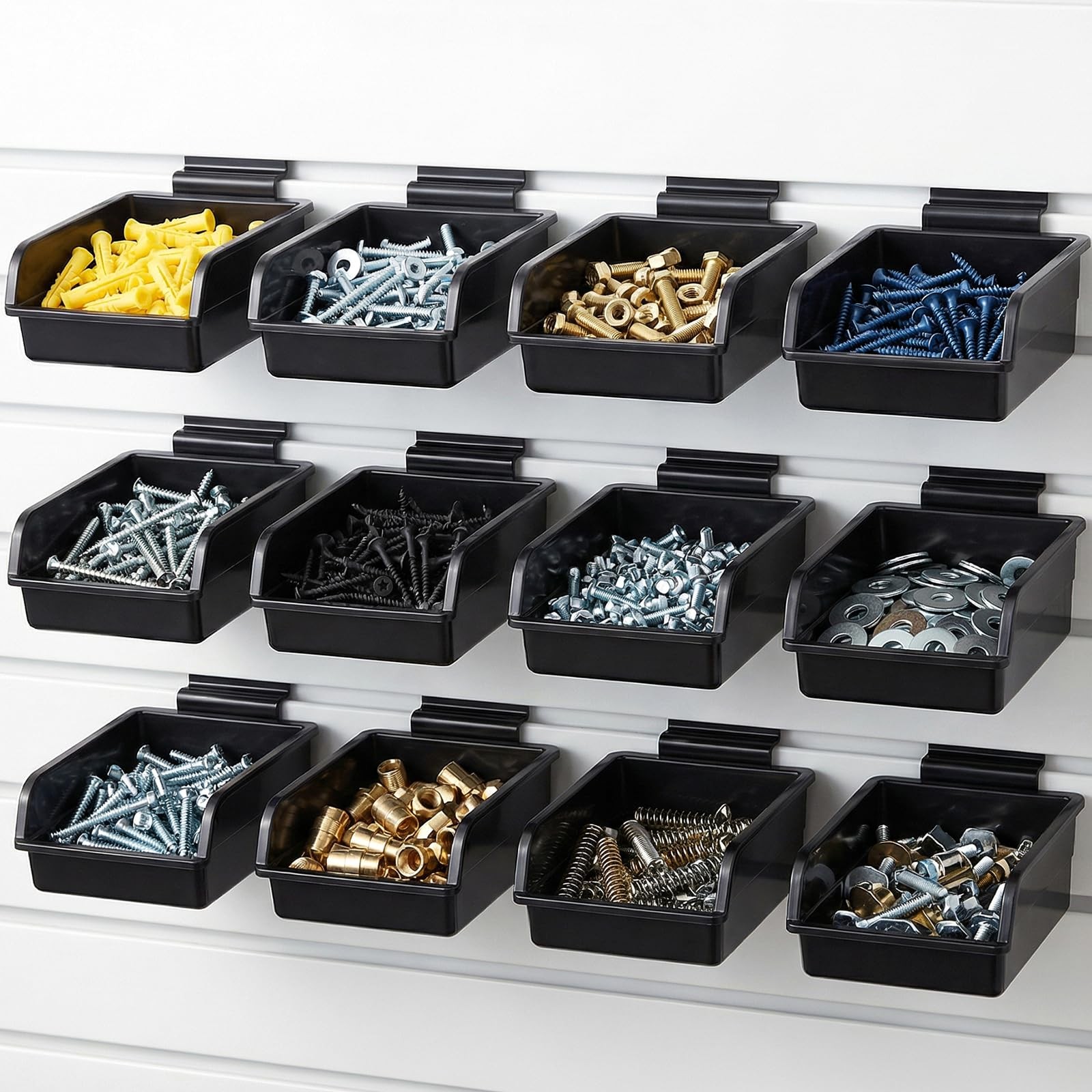 12 Pcs Slatwall Bins with Hooks Plastic Organizer Containers Workbench Parts
