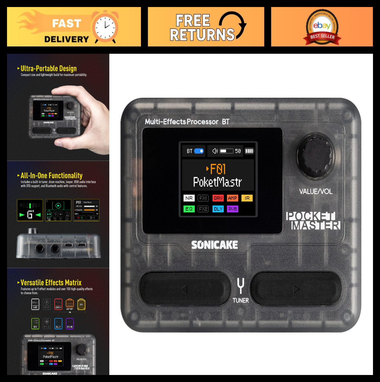 Portable Multi Effects Pedal - 100+ Guitar/Bass/Acoustic Effects, Amp Modeling,