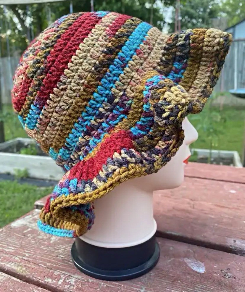 Handmade Crocheted Bucket Hat Multicolor Striped Ruffle Brim