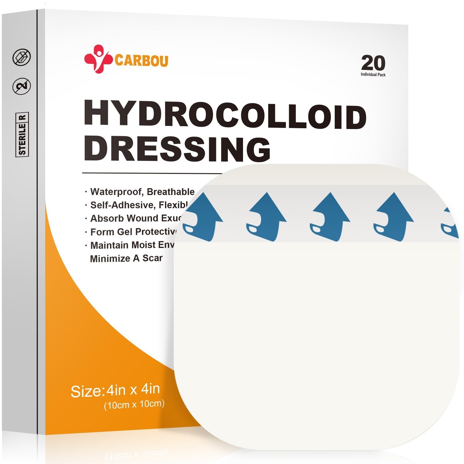Carbou Hydrocolloid Wound Dressing 4"x4", 20 Individual Pack, Self-Adhesive U...