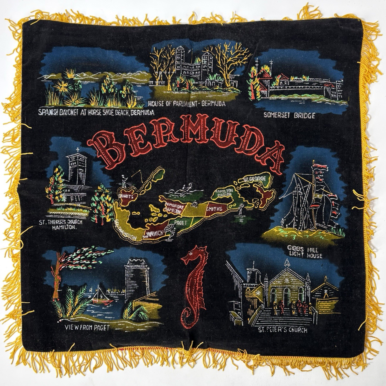 Vintage Bermuda Silk Back Pillow Sham War Souvenir Velvet Glitter Case Cover