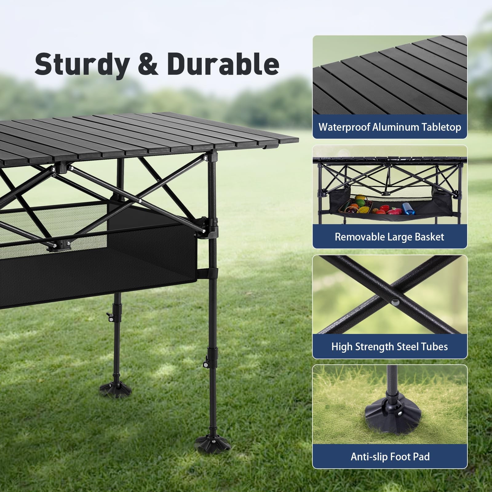 Folding Camping Table, Portable Roll-up Table with Adjustable Height, Large S...
