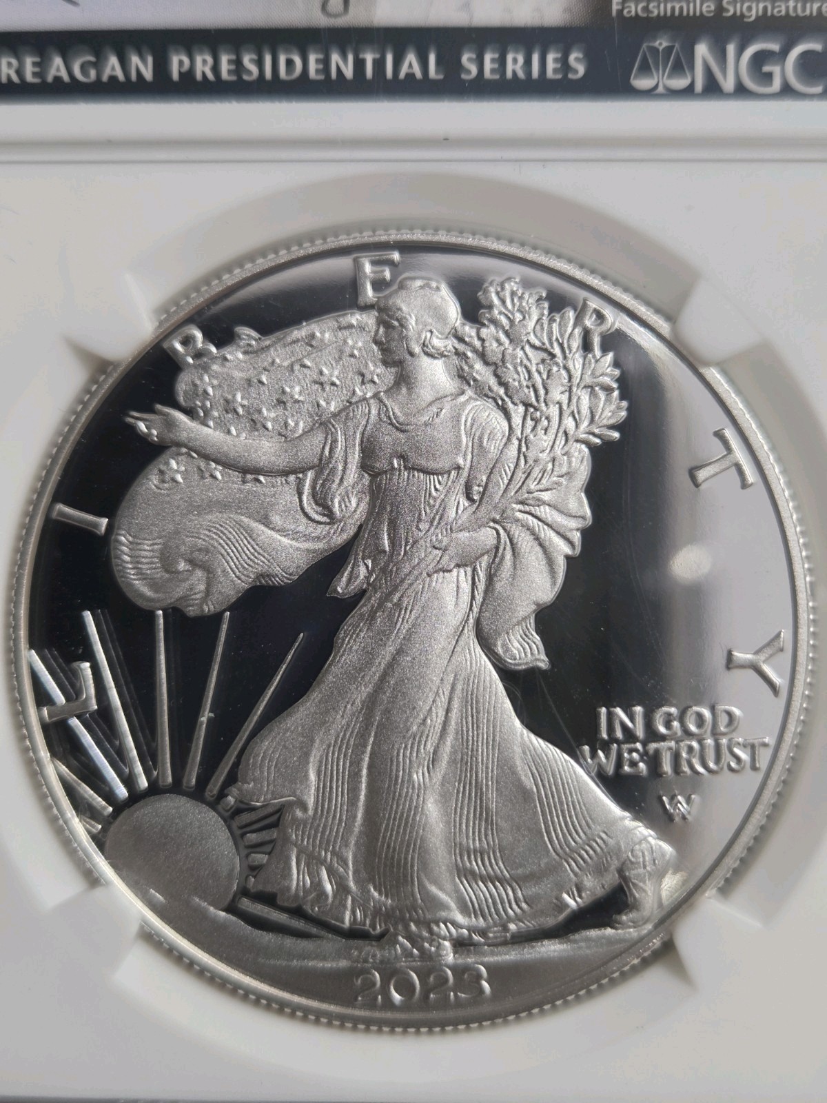 2023 W PROOF SILVER EAGLE NGC PF70 UCAM FIRST DAY ISSUE REAGAN & CABRAL SIGNED