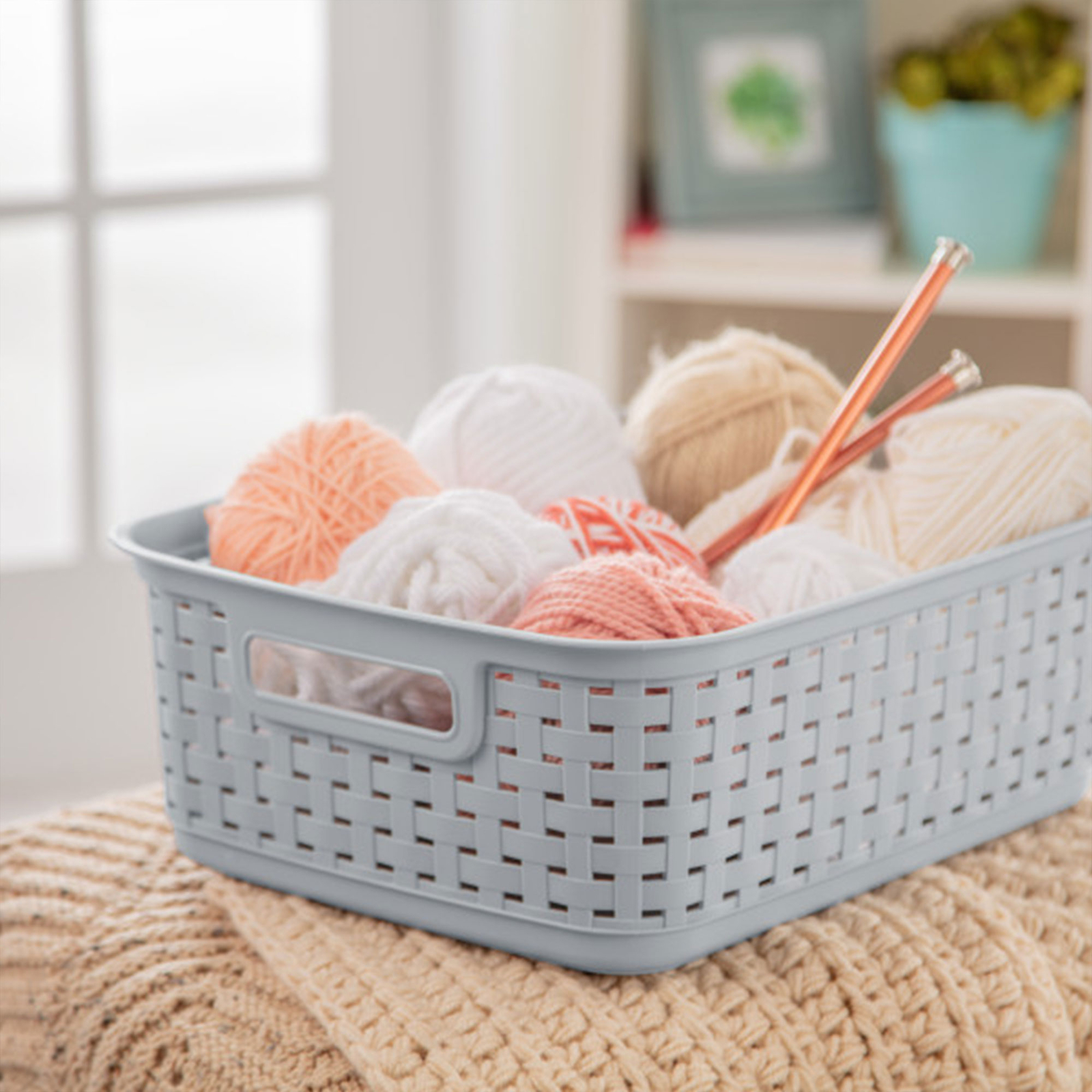 Sterilite Short Weave Wicker Pattern Storage Container Basket, Gray (6 Pack)