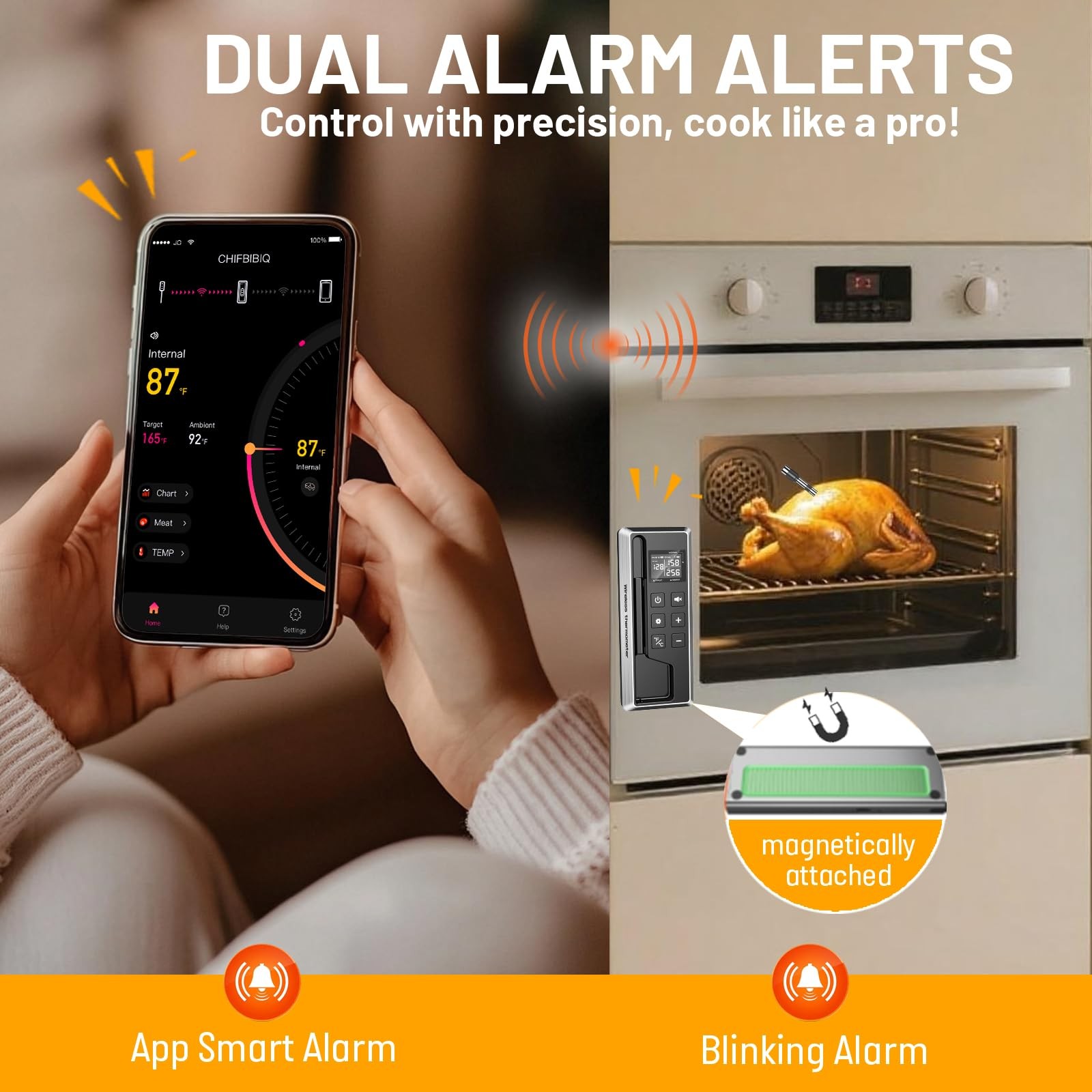 Wireless Meat Thermometer with Smart Timer & APP Control, 800ft Bluetooth Gri