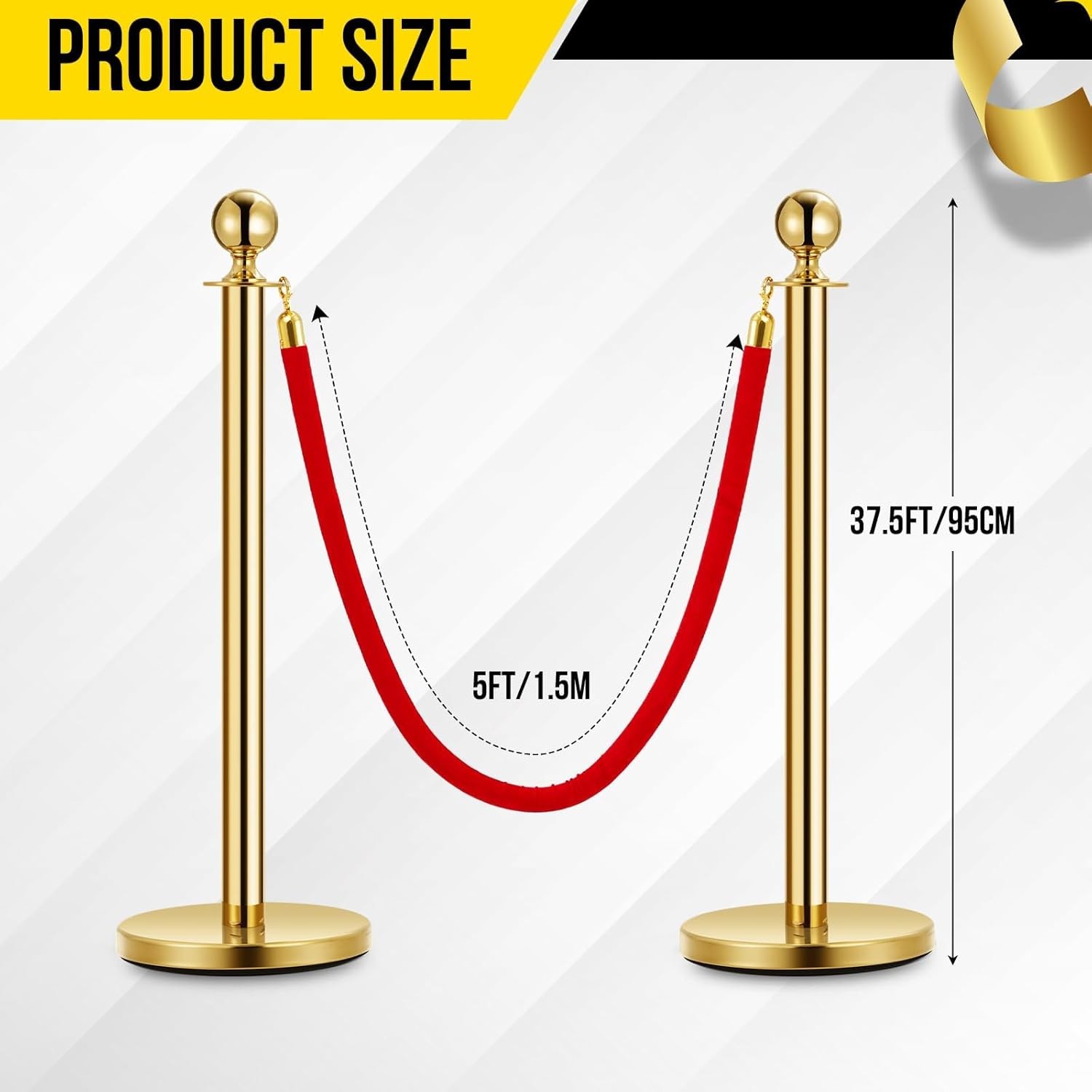 8 Gold Stanchions Queue Post with 6 Red Velvet Ropes For Event & Crowd Control
