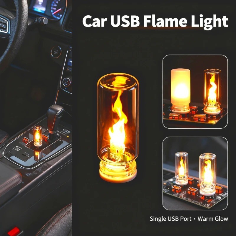USB LED Flame Night Light Flickering Glass Mood Lamp Car Home Decoration
