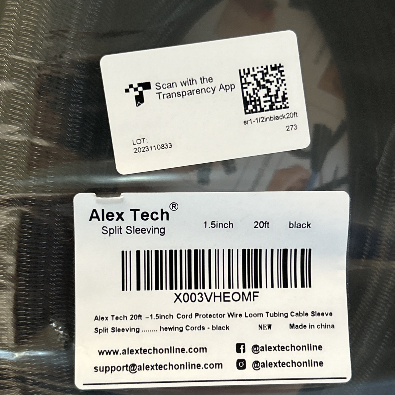 Alex Tech 20ft - 1.5 inch Cord Protector Wire Loom Tubing Cable Sleeve Black