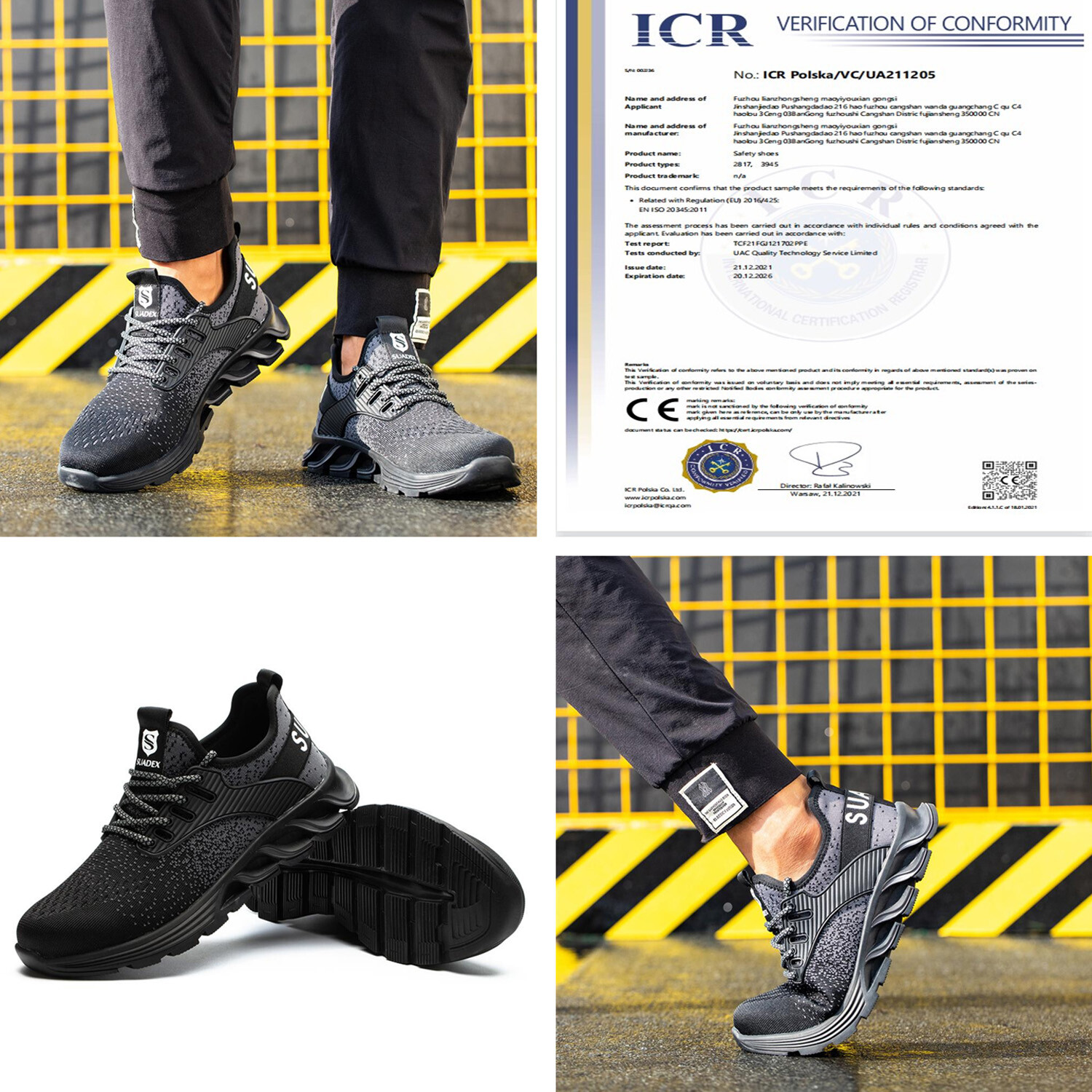 SUADEX Work Safety Shoes Steel Toe Sneakers Indestructible Composite Toe Black