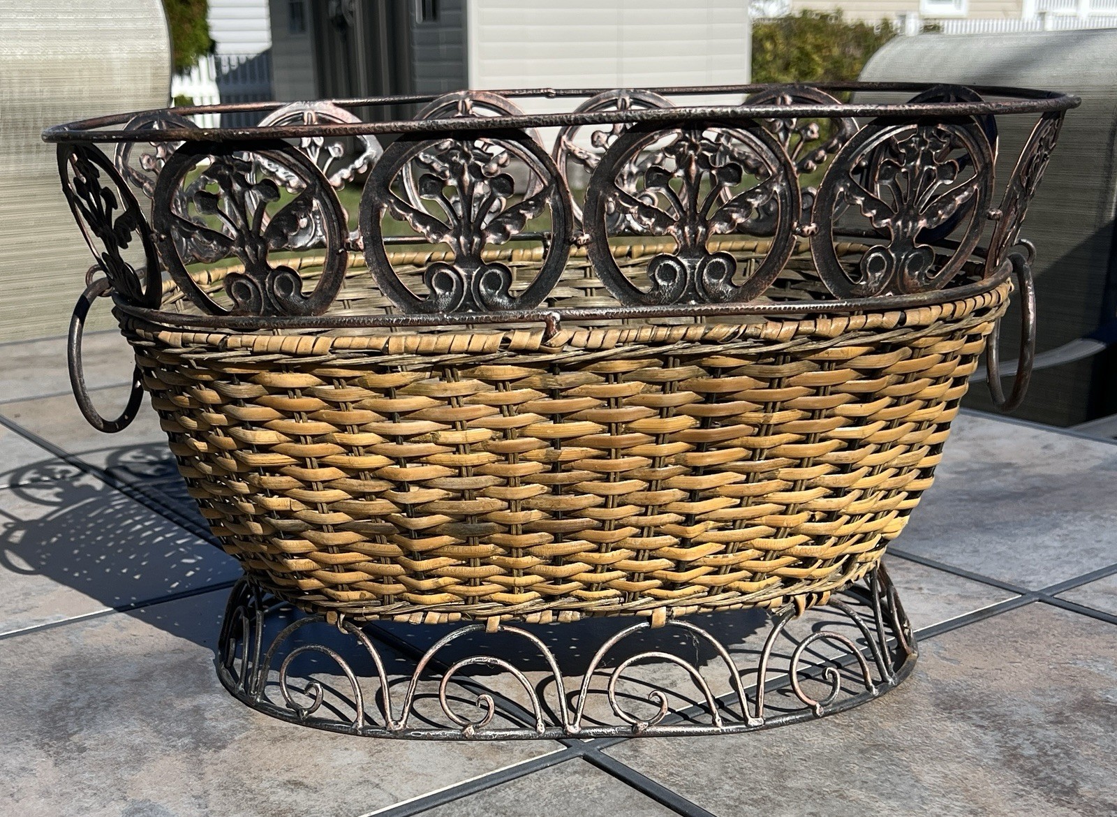 Wicker Basket With Metal At Base And Design Around Top 18 1/2”x10 3/4x11 1/2