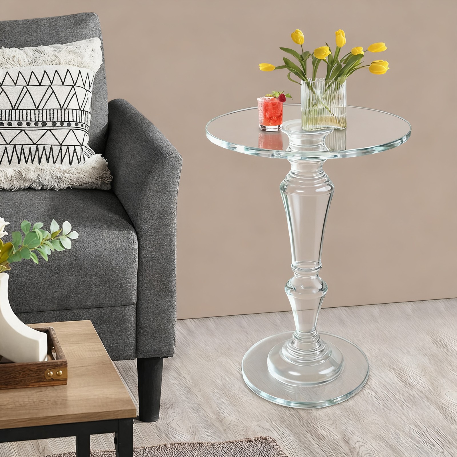 Clear Acrylic Side Table Round Ende Table Drink Table for Small Space 13.8"x19”