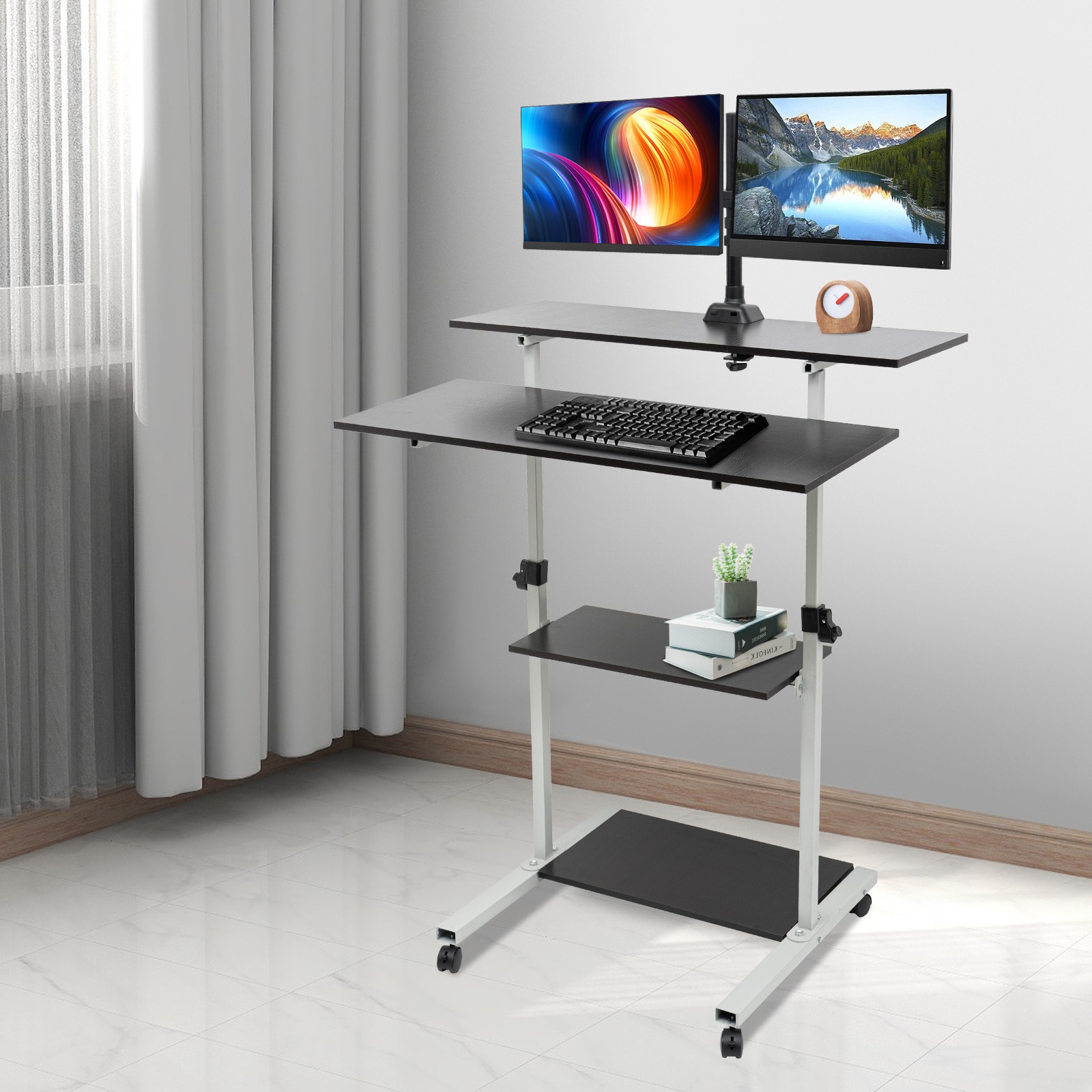 4-Tiers 23.5*26*72.25in Standing Desk with Dual Monitor Stand Mobile Workstation