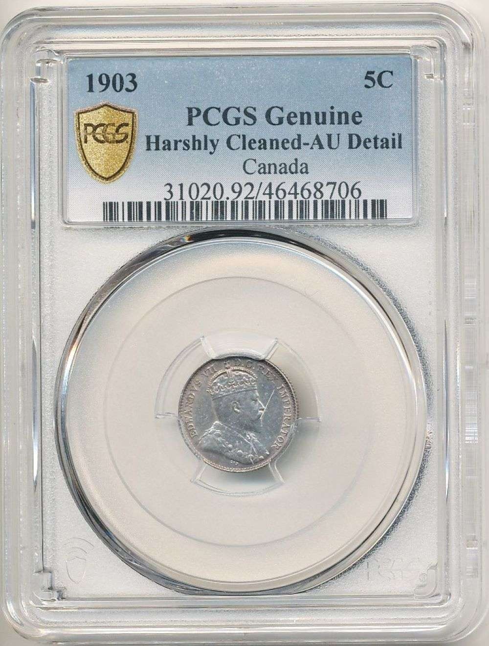 1903 Bank Of Canada 5 Cents, 5C No Mint Mark, PCGS AU Detail Cleaned