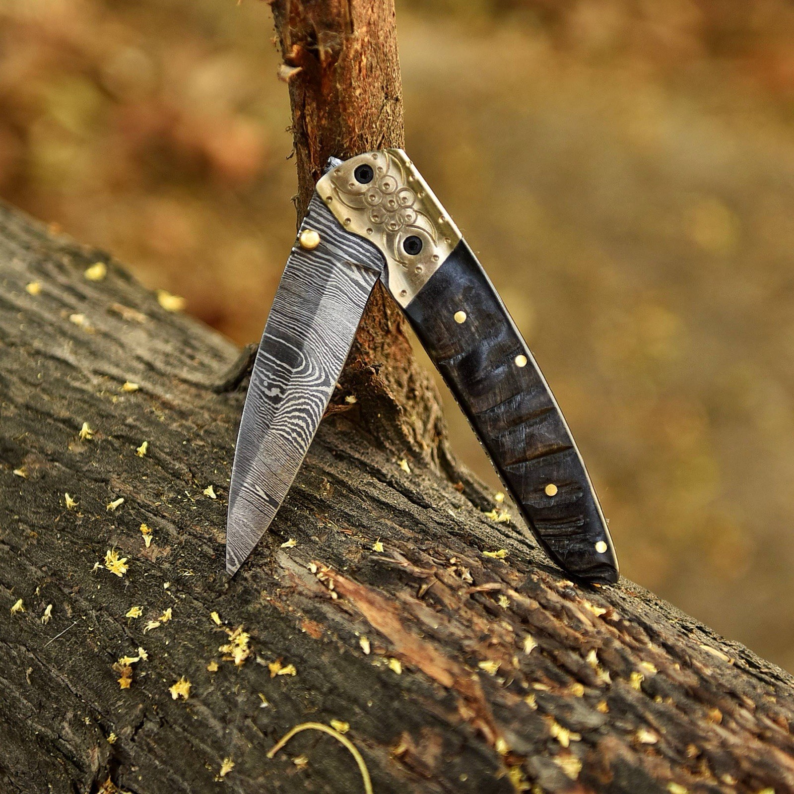 Damascus Folding Dagger Blade Pocket Knife Tactical Case- Ram Horn - Sheath