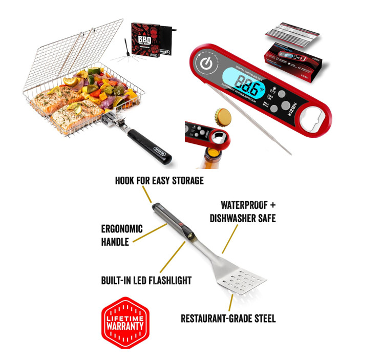 Grilling Kit -Spatula with Flashlight, Meat Thermometer, and Grilling Basket Kit