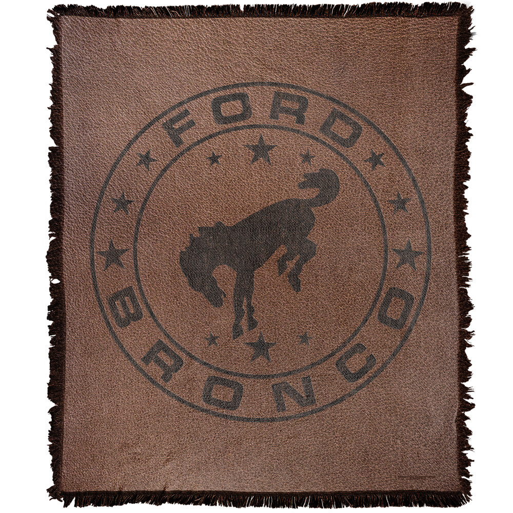Ford Blanket, 50"x60" Vintage Bronco Leather Logo Woven Cotton Blend Throw