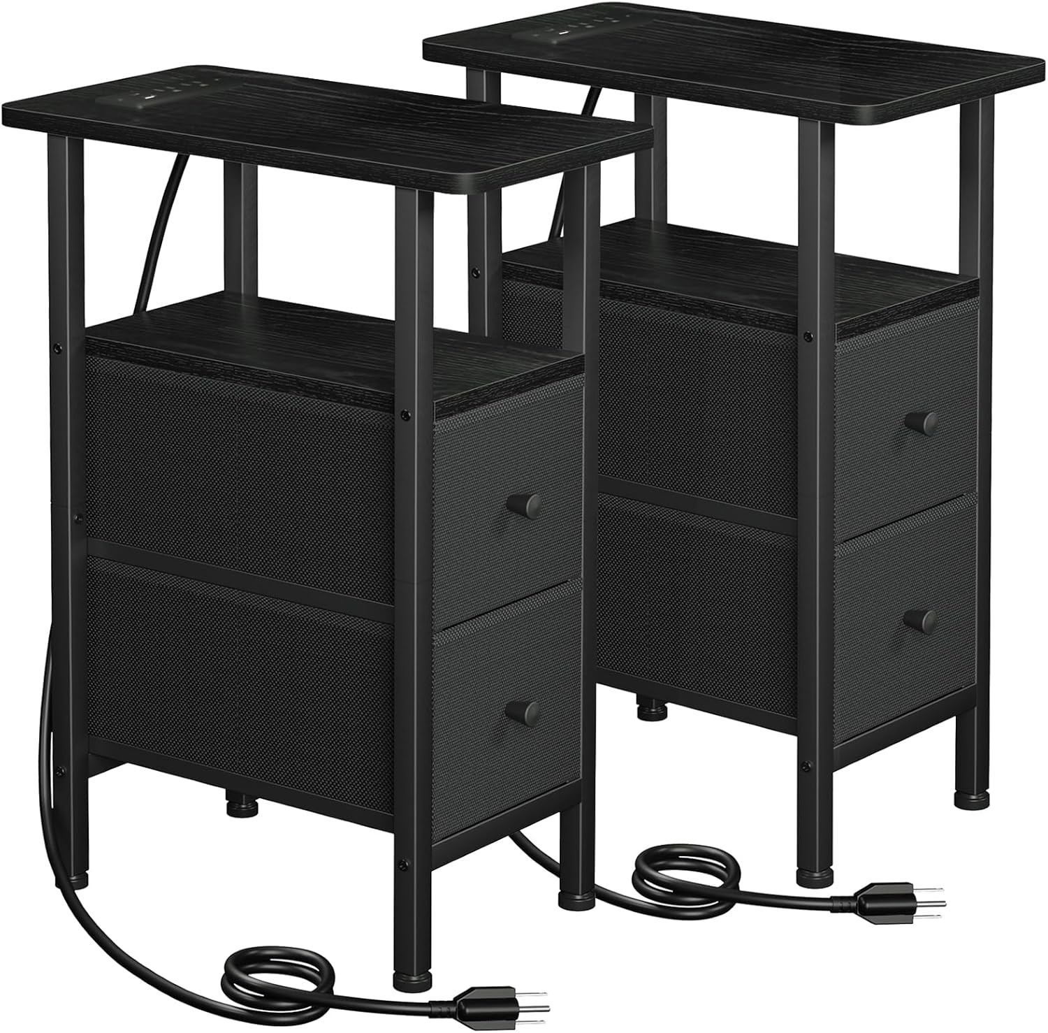 Narrow Nightstand W/ Charging Station End Tables Living Room Set of 2 Skinny