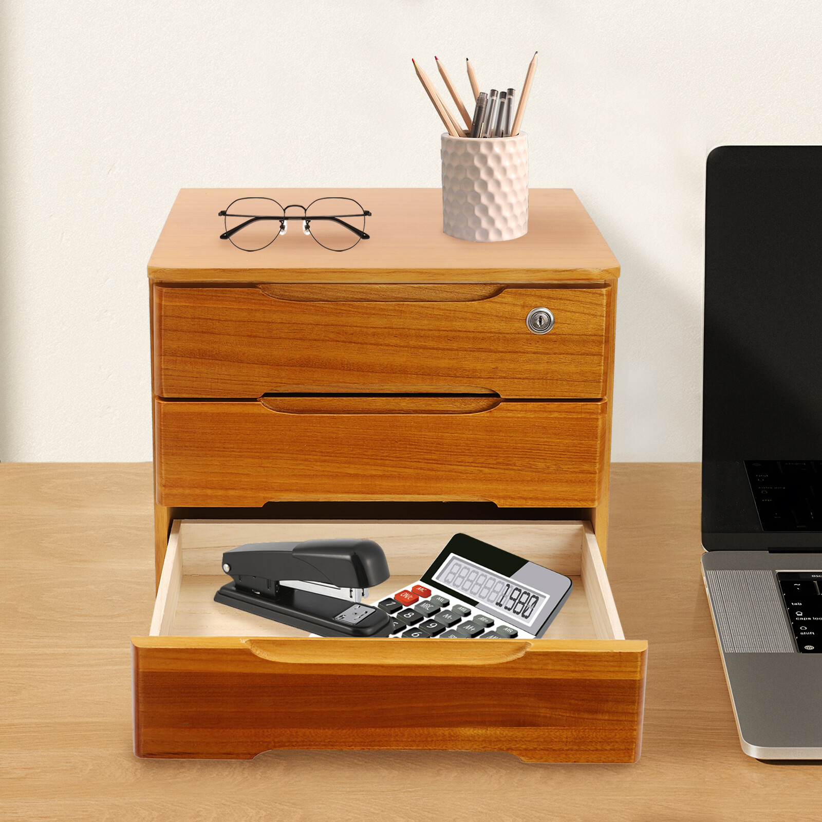 17.72" Yellow 3-Tier Desktop Organizer with Lockable Drawers - Compact Design