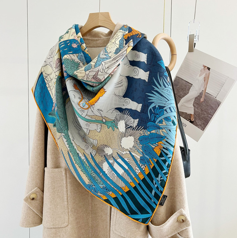 70% Cashmere 30% Silk Wrap Scarf Animal World Print Double Face Print Shawl 53''