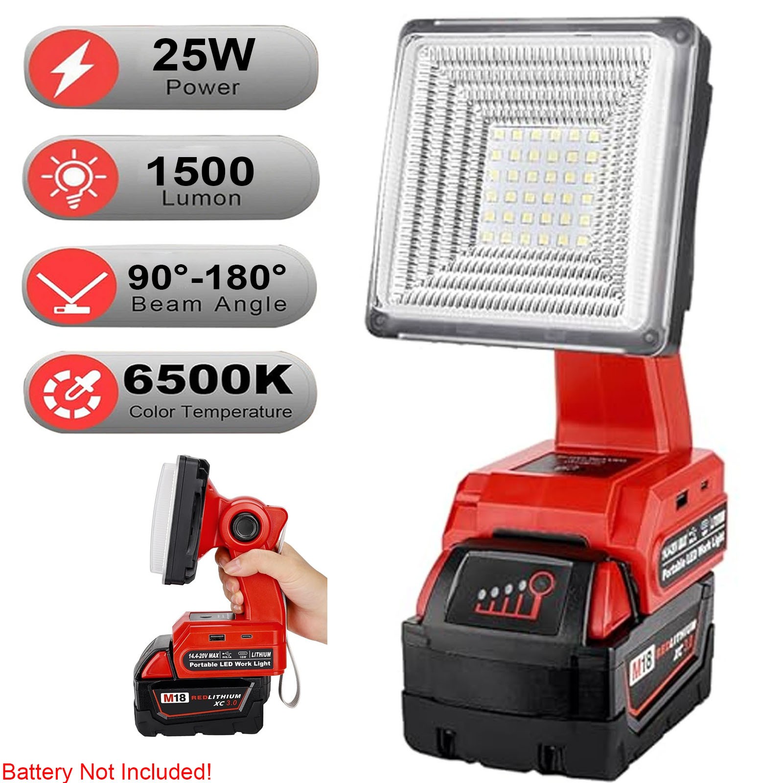 25W 1500LM LED Flashlight Work Light Spotlight for Milwaukee 18V Li-ion Battery