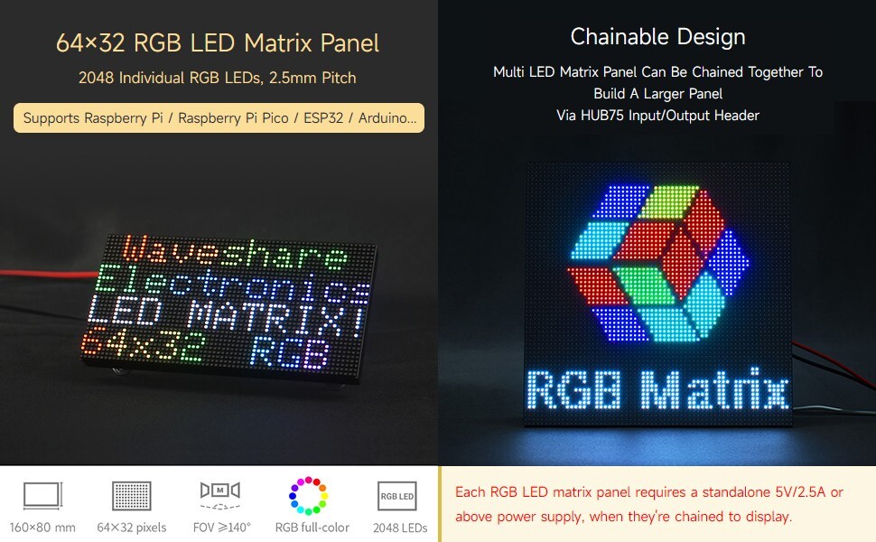RGB Full-Color LED Matrix Panel 2.5mm Pitch 64x32 Pixels Waveshare