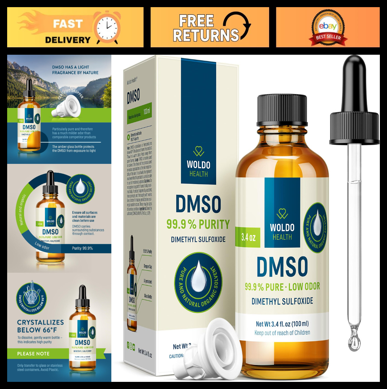 99.9% Pure DMSO Liquid - Pharmaceutical Grade Dimethyl Sulfoxide Drops, Low Odor
