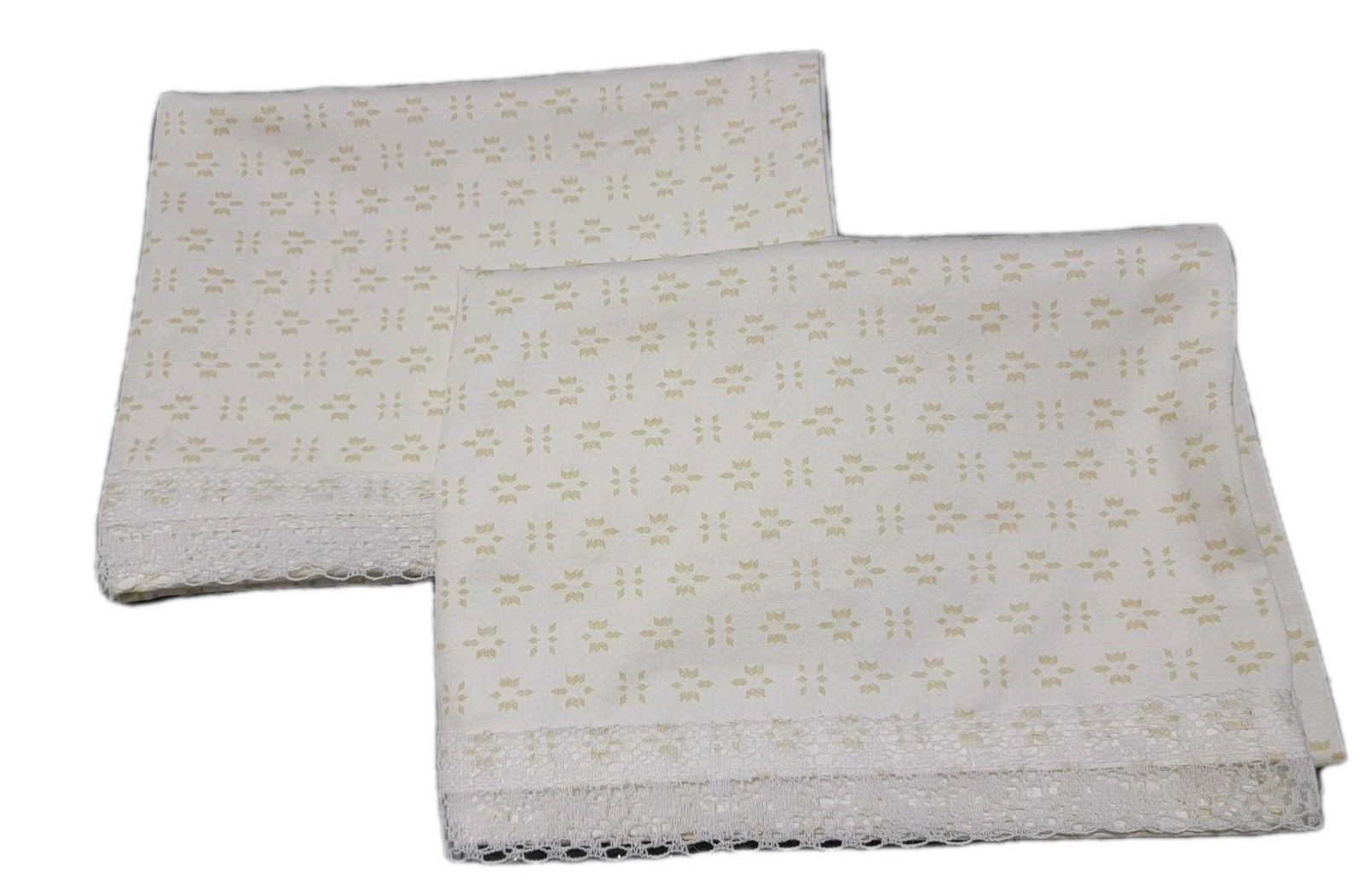 Set of 2 White Polycotton Pillowcases W/tan Print.  20 X 28 Standard Only