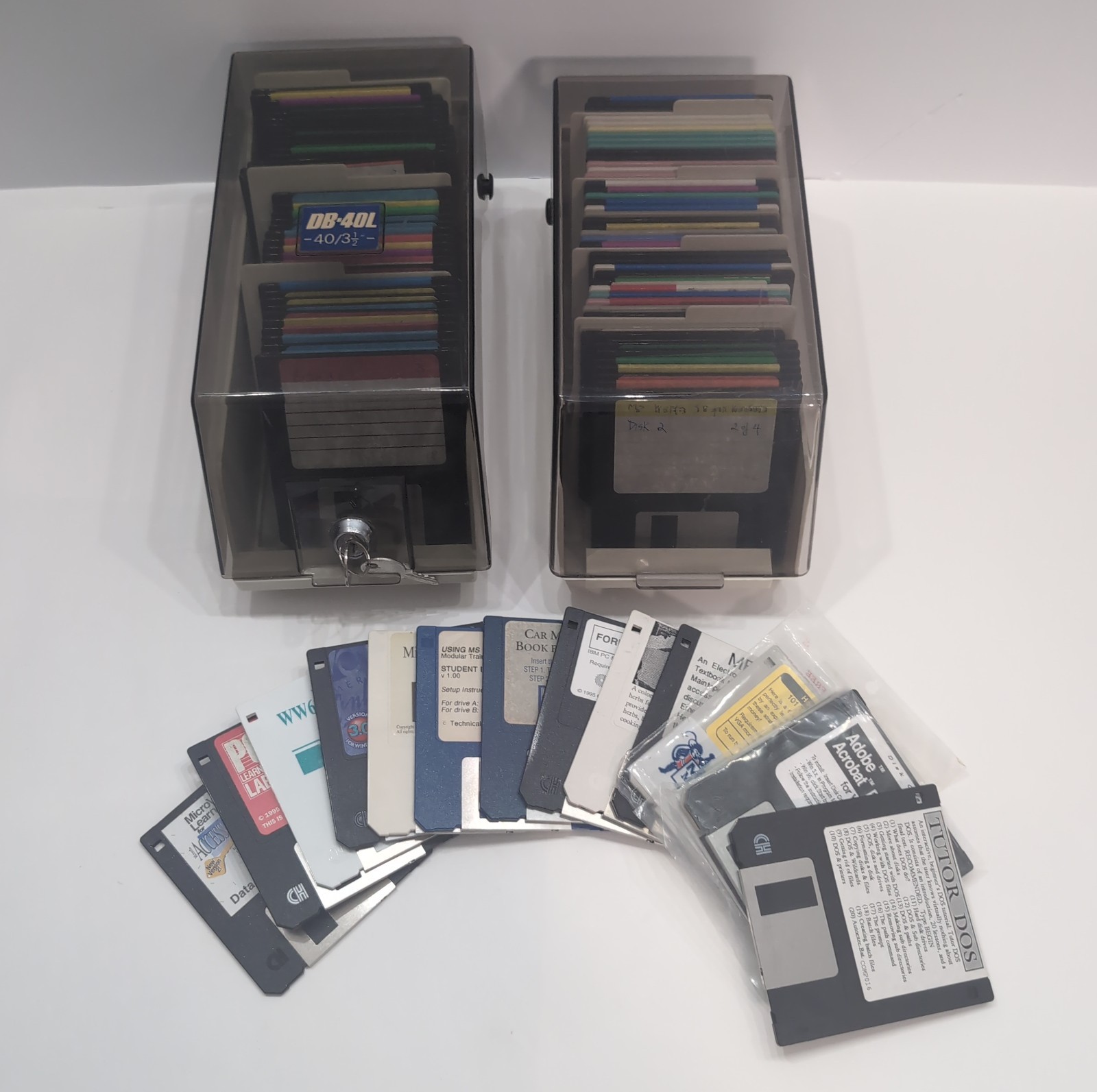 Vintage 3.5" Floppy Disk Data Storage Case Holders Lot x2 Locking w/Keys & Discs