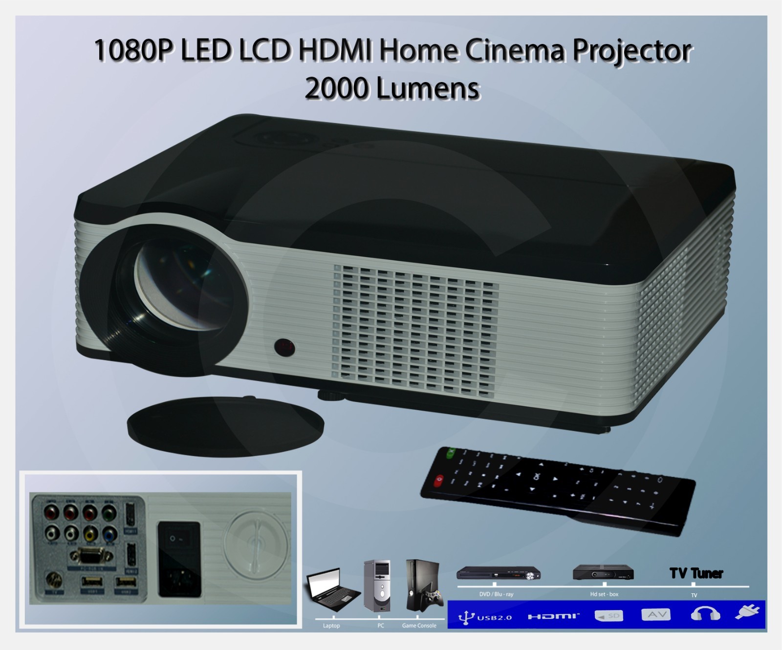 HDMI 1080P LED LCD Home Cinema Theater Projector – 2000 Lumens (New in Box)