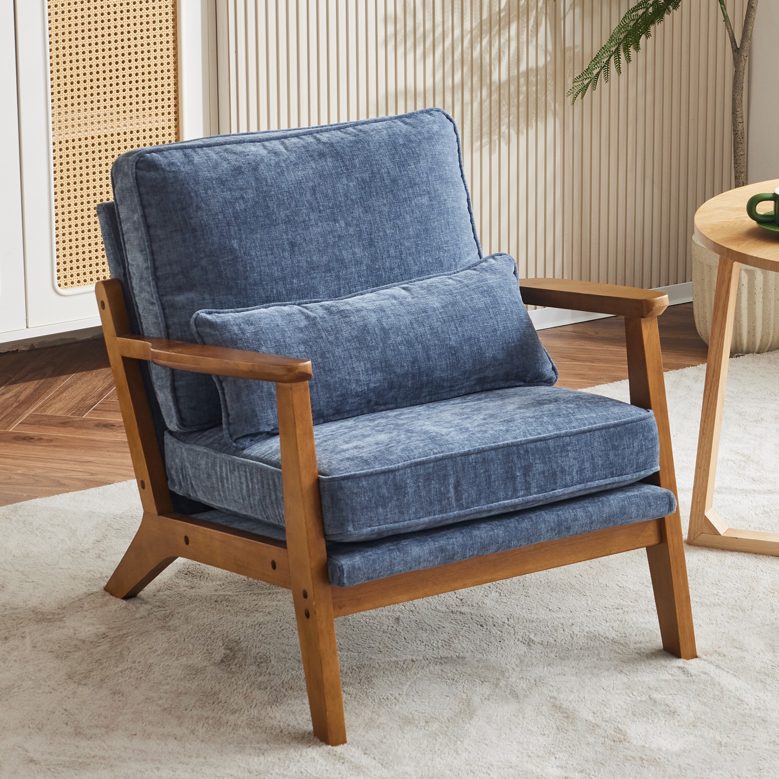 Mid-Century Lounge Chair Chenille Armchair with Lumbar Pillow & Solid Wood Frame