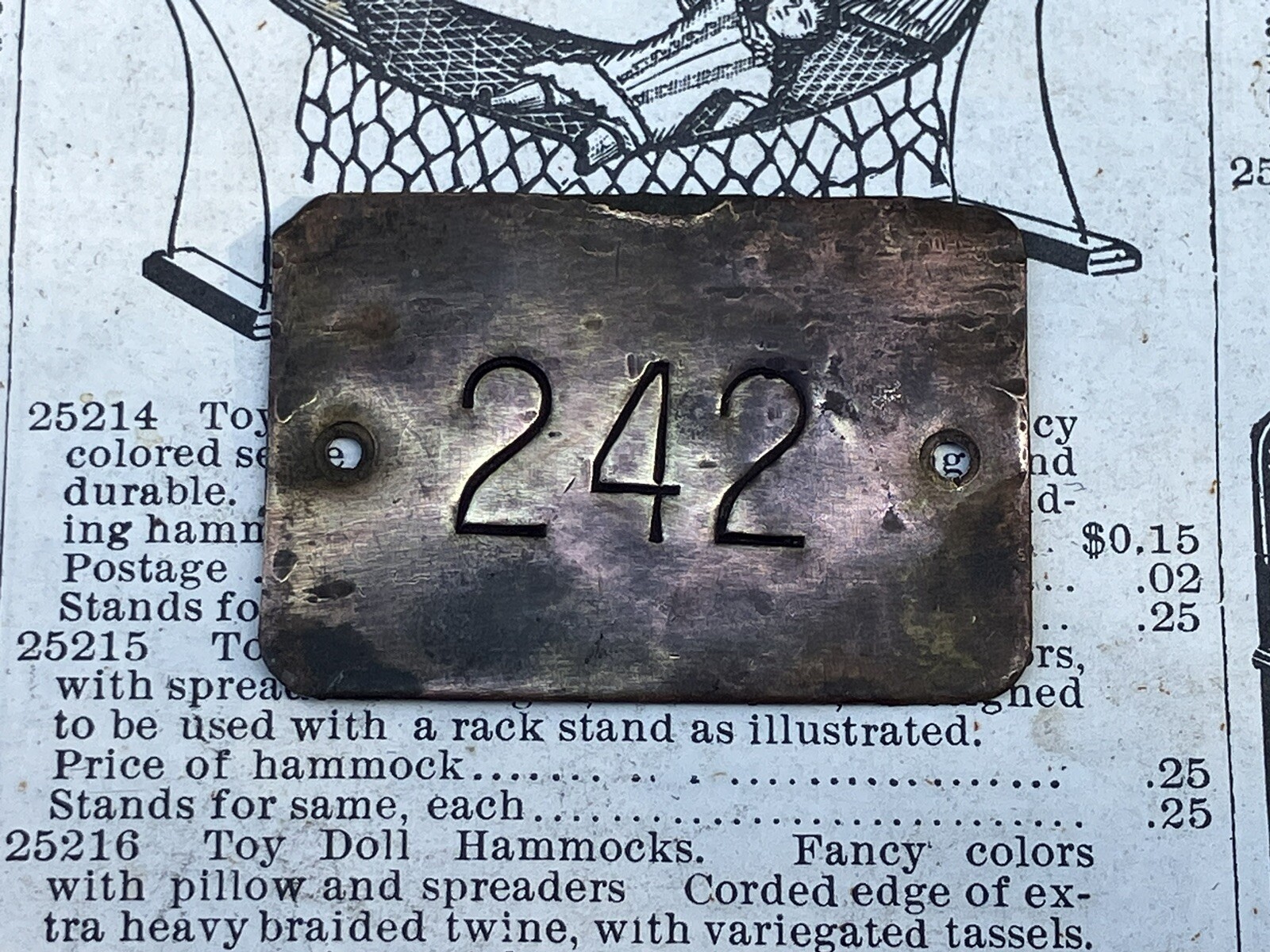 Antique Number 242 Tag Brass Metal Fob Vintage Furniture Tag Locker Tag Charm