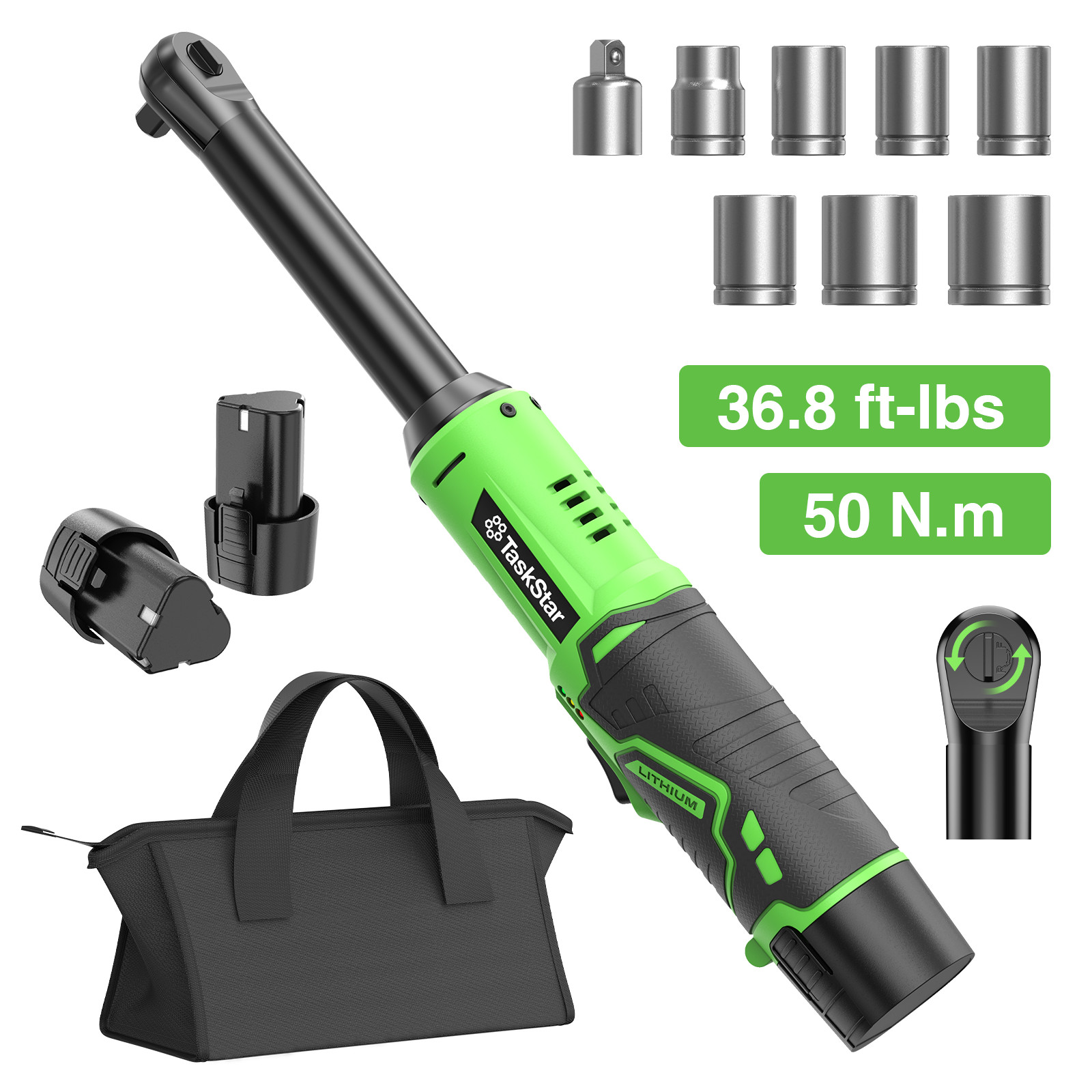Taskstar Cordless Extended Electric Ratchet Wrench 3/8" 37 Ft-lbs 50Nm Brushless