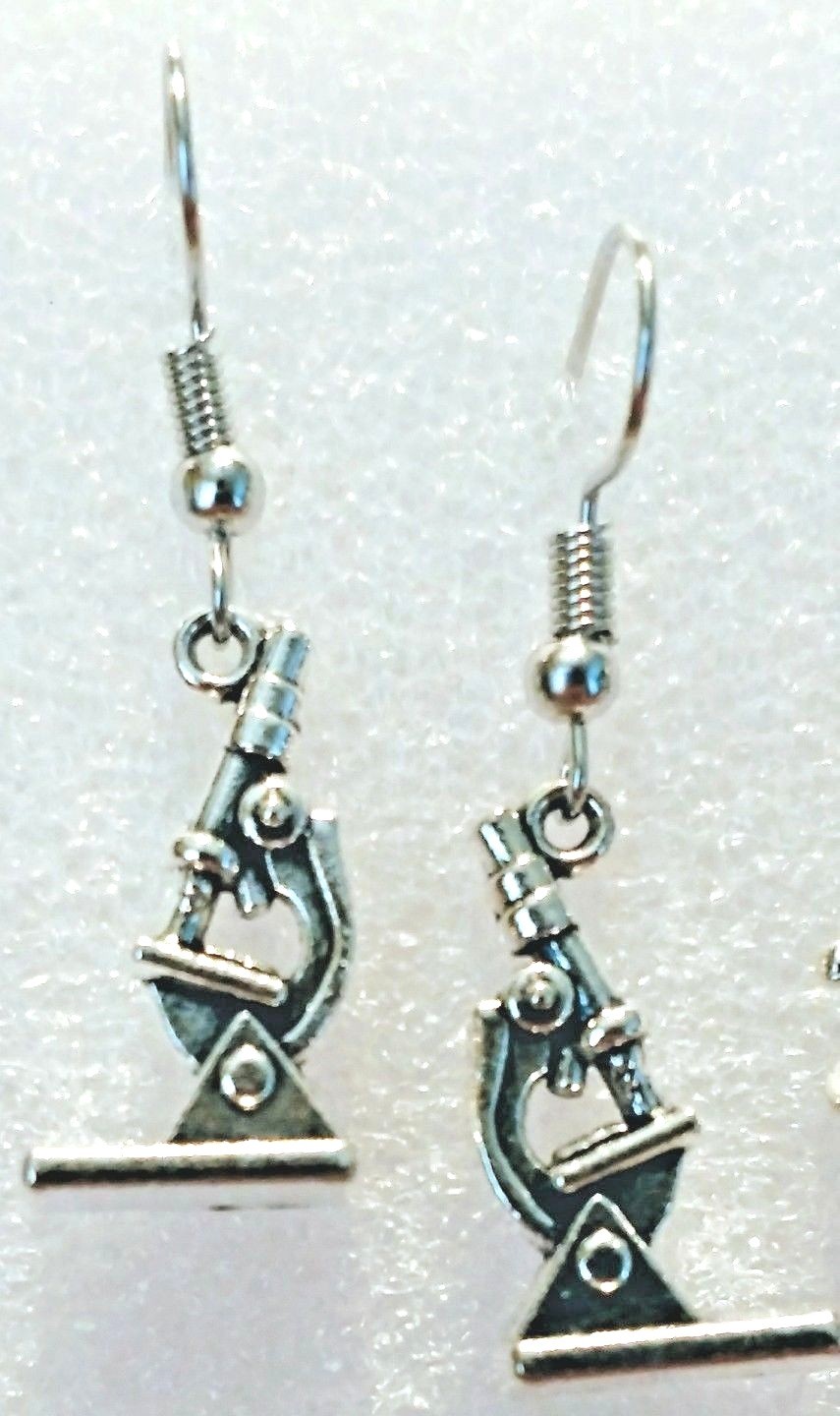 Microscope 3D Silver Drop Hook Earrings Scientist Doctor Handcrafted Jewelry