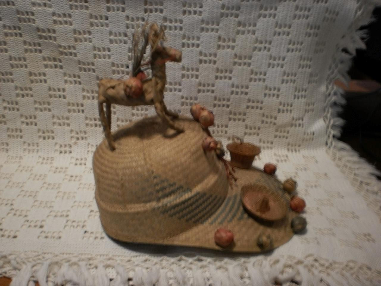 Vintage Handwoven Sraw Mexican Folk Art Hat with  fruit / Mule / Hat Really Cool