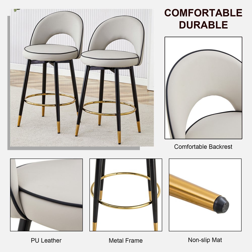 Modern 360 Swivel Barstools Set of 2, Black Faux Leather Bar Chair w/Metal Legs